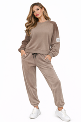 FASHION - WELUROWY KOMPLET DRESOWY DAMSKI  - ID8861 JASNOBRĄZOWY